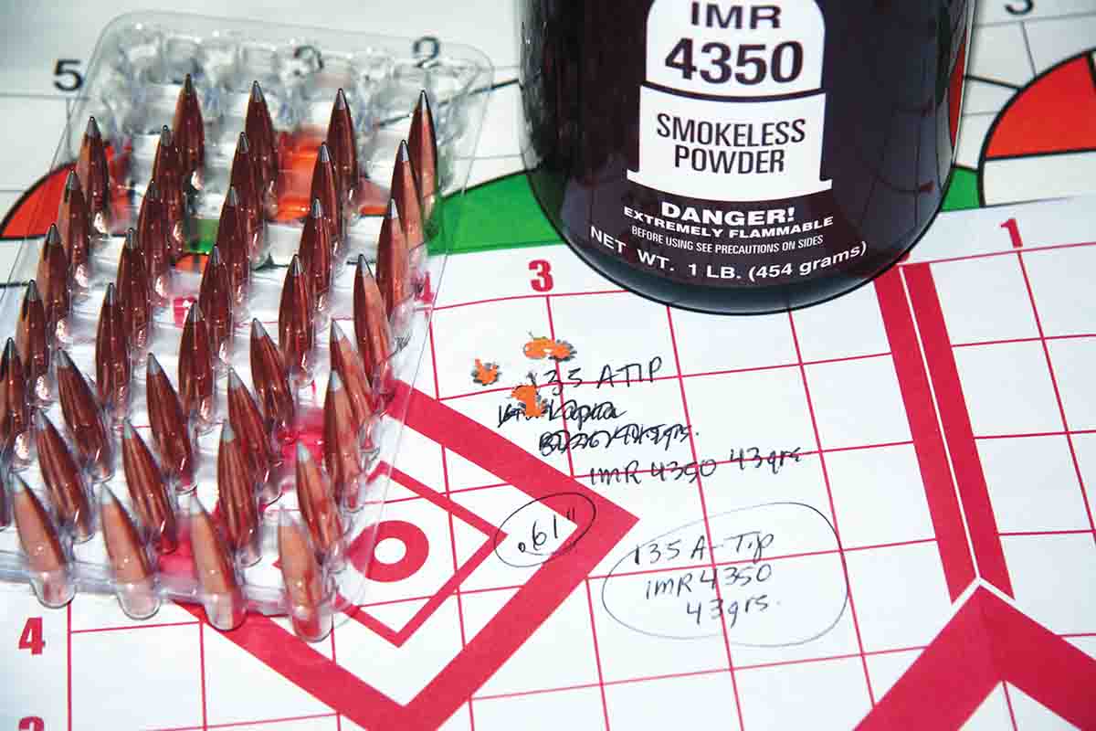 Old IMR-4350 proved the best of the “4350” powder options in the 6.5x57mm, at least from a standpoint of velocity and accuracy. Forty-three grains produced this .61-inch group at 2,622 fps, with a very low extreme velocity spread.